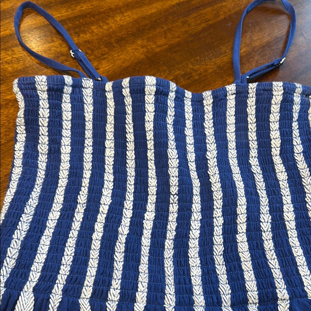 Sail to Sable Striped Jacquard Blue and White smocked Mini Dress - Picture 4 of 5